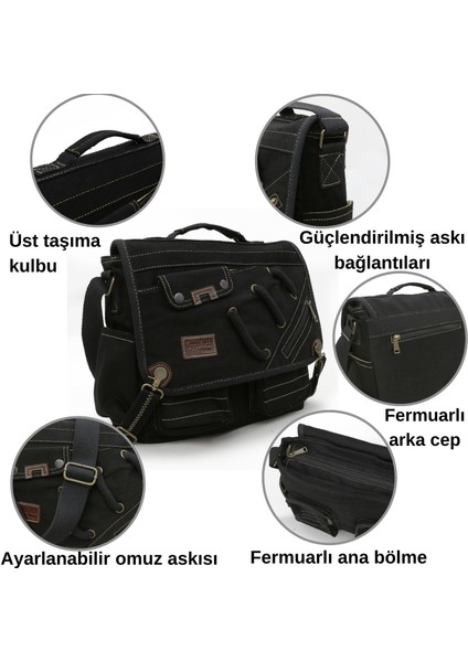 4017 Siyah 14" Laptop Pamuk Gabardin Postacı Okul Çantası Unisex Kilitli Çok Cepli Omuz Askılı fırsatları