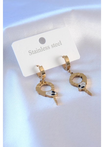 316L Çelik Gold Renk Yılan Model Zirkon Taşlı Kadın Küpe - PRT3500EB00383