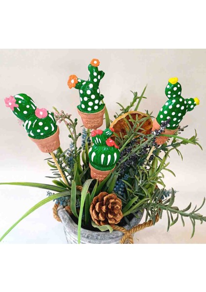 4lü Çiçekli Taş Kaktüs - Çubuk Süs -Çiçek Süsü - Kürdan Süs - El Yapımı Dekoratif Taş Obje