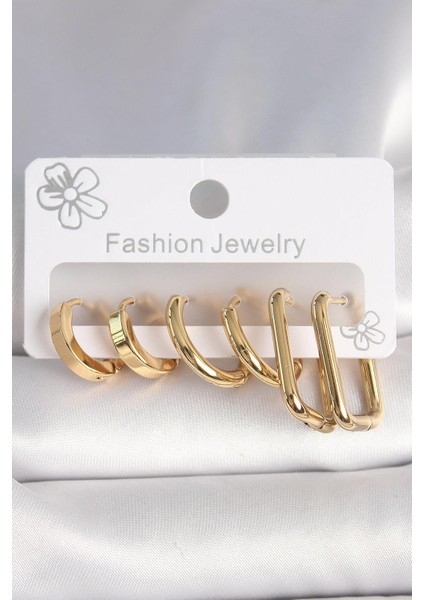 316L Çelik Gold Renk Kare Halka Model Kadın Küpe Seti - PRT3500EB04416