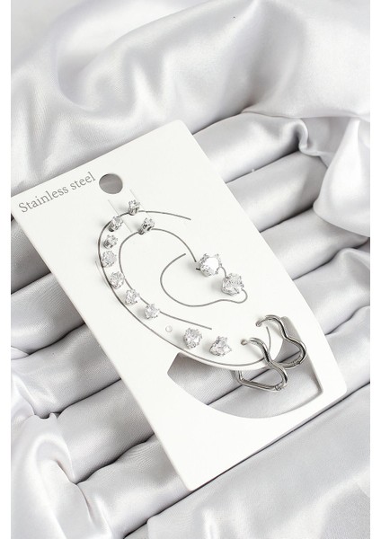 316L Çelik Kalp Figürlü ve Zirkon Taşlı Gümüş Renk 7li Çift Kadın Küpe Set - PRT3500EB06359