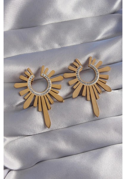 316L Çelik Gold Renk Zirkon Taşlı Güneş Figürlü Küpe - PRT3500EB01714