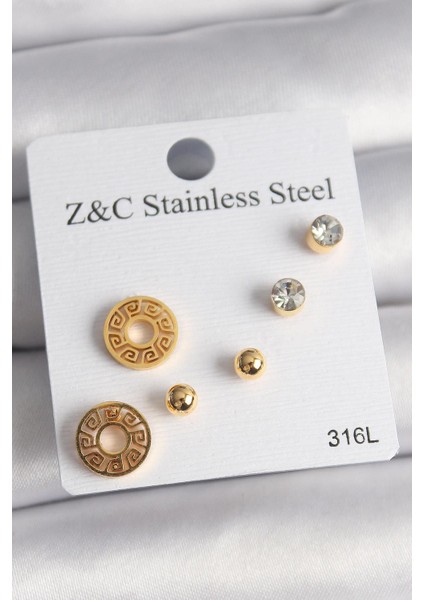 316L Çelik Gold Renk Zirkon Taşı Labirent Model Kadın Küpe Seti - PRT3500EB08225