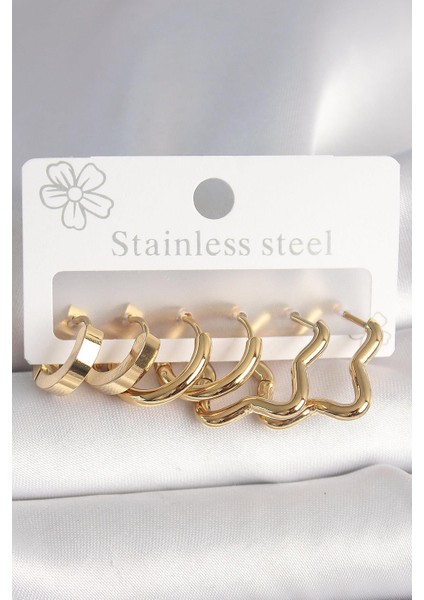 316L Çelik Gold Renk Yıldız Halka Model Kadın Küpe Seti - PRT3500EB04419