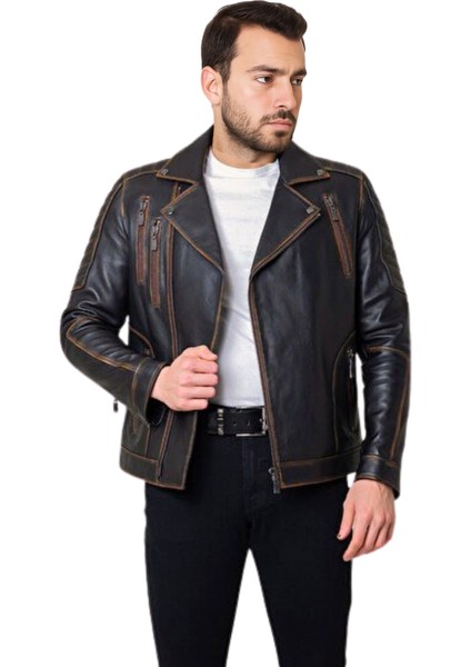 Lucas Hakiki Deri Erkek Vintage Eskitme Biker Motorcu Tarzı Mont fiyatları