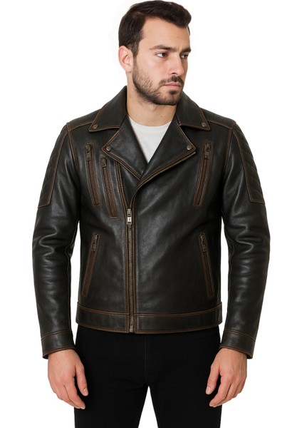 Lucas Hakiki Deri Erkek Vintage Eskitme Biker Motorcu Tarzı Mont fırsatları