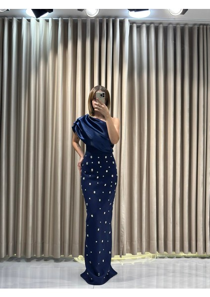 Lacivert Tek Omuz Işlemeli Abiye Elbise 5493