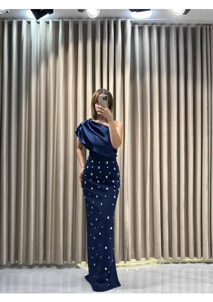 Lacivert Tek Omuz Işlemeli Abiye Elbise 5493 fiyatları