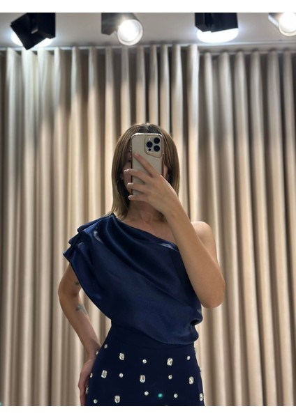 Lacivert Tek Omuz Işlemeli Abiye Elbise 5493 modelleri