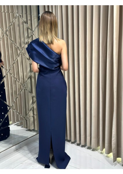 Lacivert Tek Omuz Işlemeli Abiye Elbise 5493 indirimleri