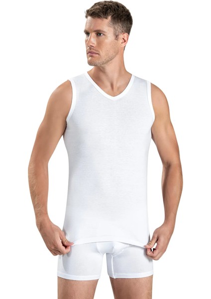 Erkek 6'lı Beyaz V Yaka Kolsuz Pamuklu Atlet