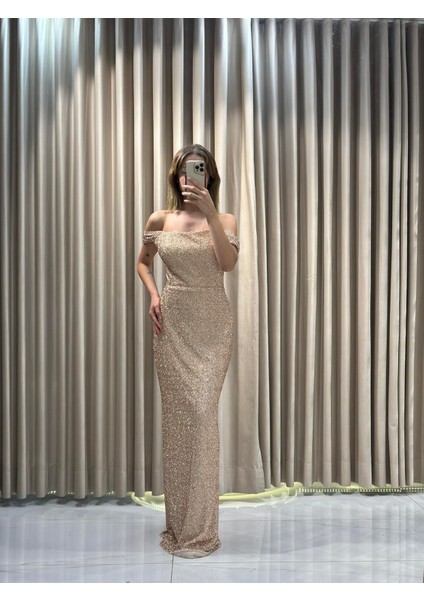 Gold Yeni Sezon Kırma Taş Abiye Elbise 5636