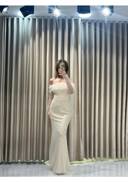 Bej Uzun Kollu Pul Payetli Önü Detaylı Balık Abiye Elbise GS7570