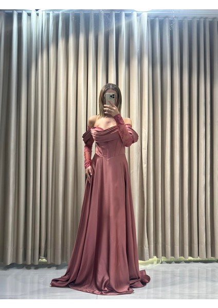 Tarçın Kayık Yaka Dantel Kollu Abiye Elbise 5561