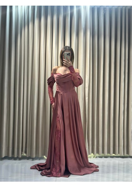 Tarçın Kayık Yaka Dantel Kollu Abiye Elbise 5561 fiyatları