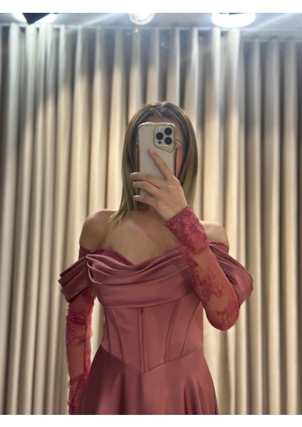 Tarçın Kayık Yaka Dantel Kollu Abiye Elbise 5561 modelleri