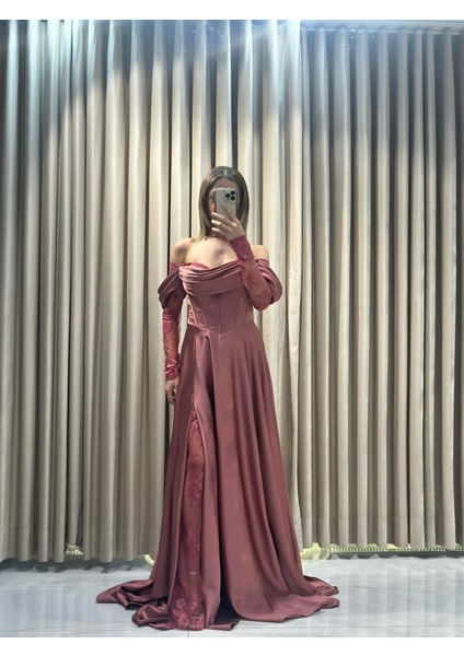 Tarçın Kayık Yaka Dantel Kollu Abiye Elbise 5561 fırsatları