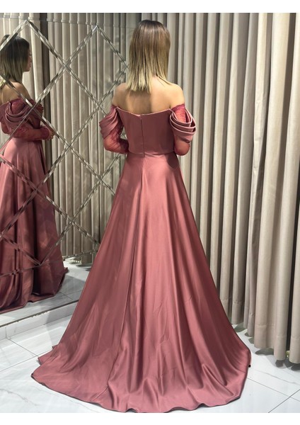 Tarçın Kayık Yaka Dantel Kollu Abiye Elbise 5561 indirimleri