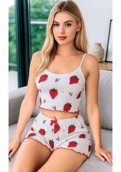 Nıghtlıght Beyaz-Çilek Desenli Alt-Üst Takım