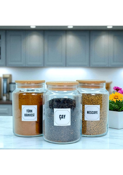 3'lü Ahşap Vakum Kapaklı Cam Türk Kahvesi Çay Hazır Kahve Saklama Kavanozu 800 ml Etiket Hediyeli