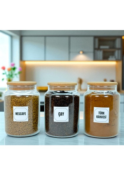 3'lü Ahşap Vakum Kapaklı Cam Türk Kahvesi Çay Hazır Kahve Saklama Kavanozu 800 ml Etiket Hediyeli fiyatları