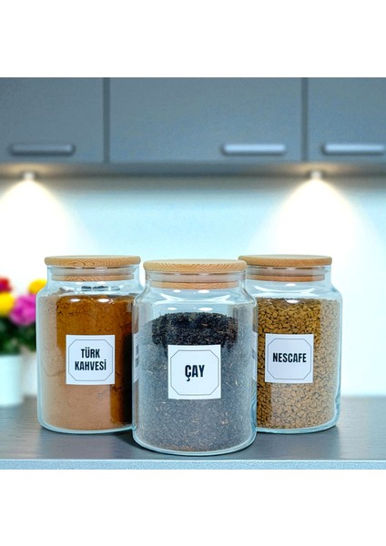 3'lü Ahşap Vakum Kapaklı Cam Türk Kahvesi Çay Hazır Kahve Saklama Kavanozu 800 ml Etiket Hediyeli fırsatları