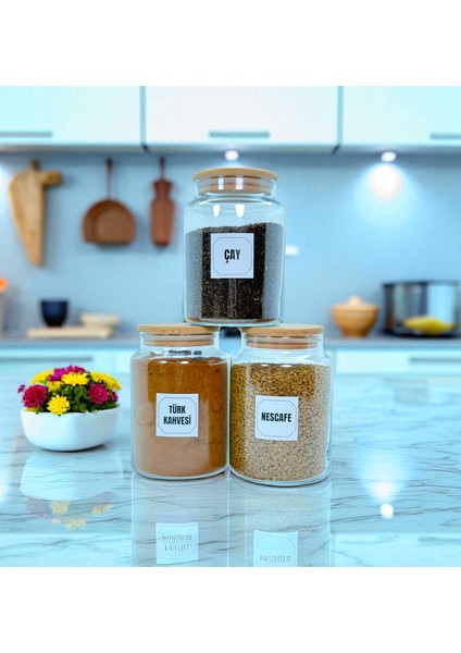 3'lü Ahşap Vakum Kapaklı Cam Türk Kahvesi Çay Hazır Kahve Saklama Kavanozu 800 ml Etiket Hediyeli indirimleri