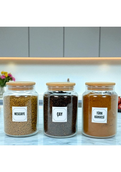 3'lü Ahşap Vakum Kapaklı Cam Türk Kahvesi Çay Hazır Kahve Saklama Kavanozu 800 ml Etiket Hediyeli