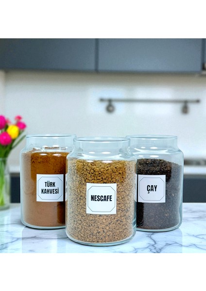 3'lü Ahşap Vakum Kapaklı Cam Türk Kahvesi Çay Hazır Kahve Saklama Kavanozu 800 ml Etiket Hediyeli