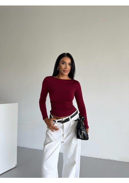 Kadın Uzun Kollu Bordo Vücudu Saran Bluz