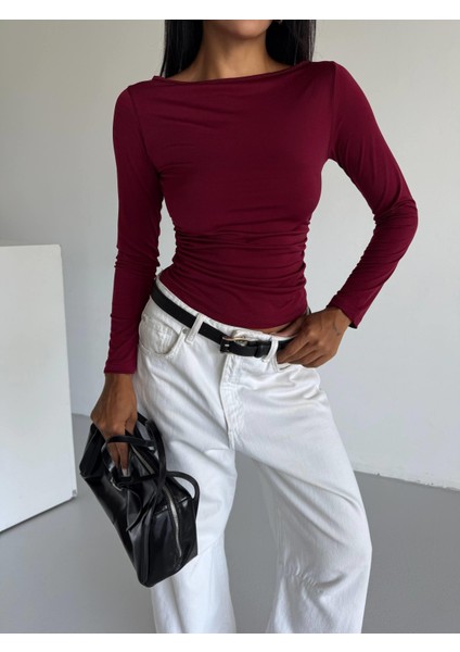Kadın Uzun Kollu Bordo Vücudu Saran Bluz modelleri