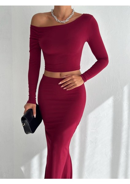 Kadın Bordo Omuz Detaylı Bluz - Uzun Etek Ikili Takım fiyatları