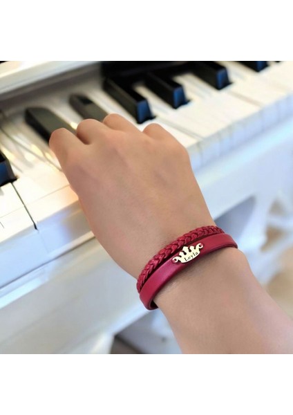 14 Ayar Altın Plakalı Leyla Ismine Özel Doğal Bordo Derili Taç Motifli Hediye BILEKLIK-648ISIM