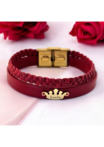 14 Ayar Altın Plakalı Leyla Ismine Özel Doğal Bordo Derili Taç Motifli Hediye BILEKLIK-648ISIM fiyatları
