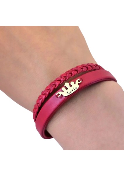 14 Ayar Altın Plakalı Leyla Ismine Özel Doğal Bordo Derili Taç Motifli Hediye BILEKLIK-648ISIM fırsatları