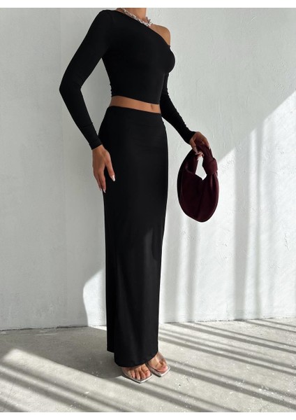 Kadın Siyah Omuz Detaylı Bluz - Uzun Etek Ikili Takım modelleri