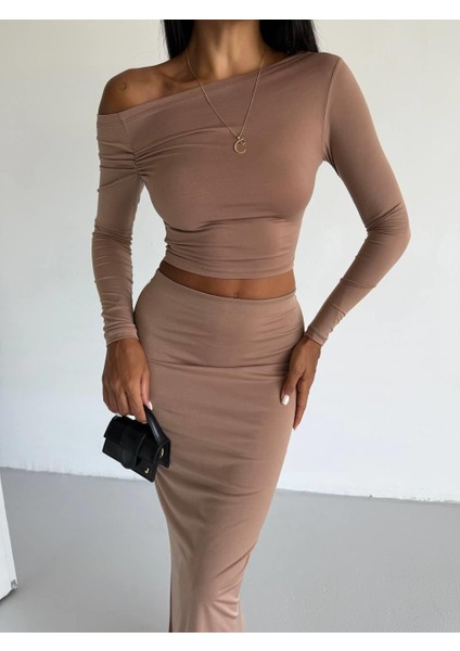 Kadın Bej Omuz Detaylı Bluz - Uzun Etek Ikili Takım fiyatları