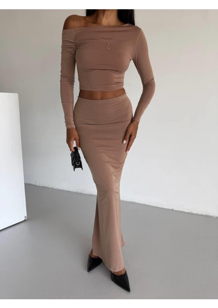 Kadın Bej Omuz Detaylı Bluz - Uzun Etek Ikili Takım modelleri