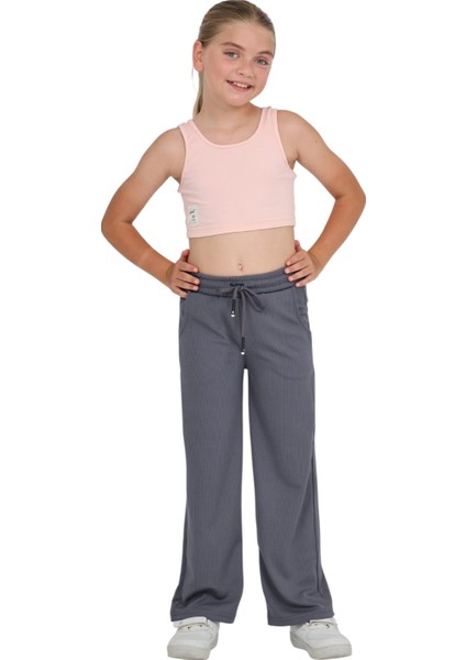 Kız Çocuk Beli Lastikli Kordonlu Geniş Bol Paça Palazzo Burgu Okul Pantolon