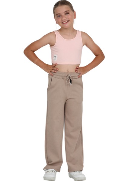 Kız Çocuk Beli Lastikli Kordonlu Geniş Bol Paça Palazzo Burgu Okul Pantolon