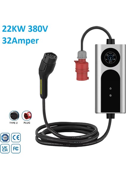 Elektrikli Araç Şarj Istasyonu 22KW 3faz 32AMPER 3.5/7/11/22 Type2 Taşınabilir 5metre 220V Dönüştürücü Çanta