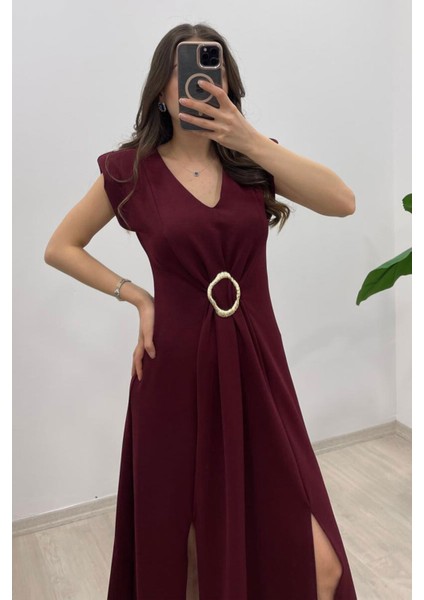 Kadın Vatkalı V Yaka Önü Tokalı Midiboy Elbise modelleri