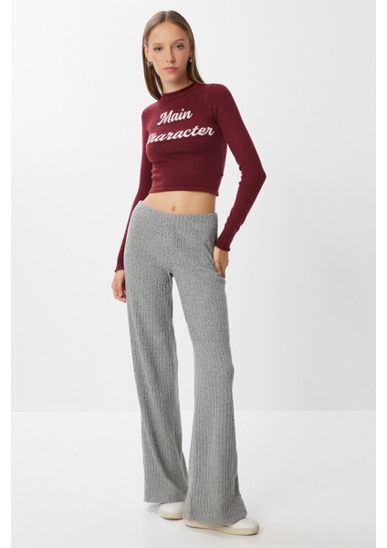Geniş Paça Fitilli Triko Pantolon LUB0242 Gri Melanj