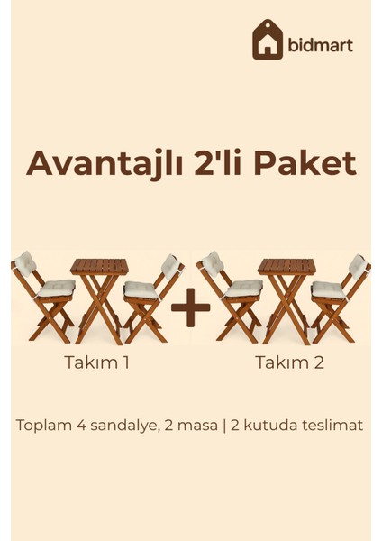 [avantajlı 2'li Paket] 4 Kişilik Katlanabilir Ahşap Balkon Bahçe Takımı – 2x 2+1 Set (Krem Minderli)