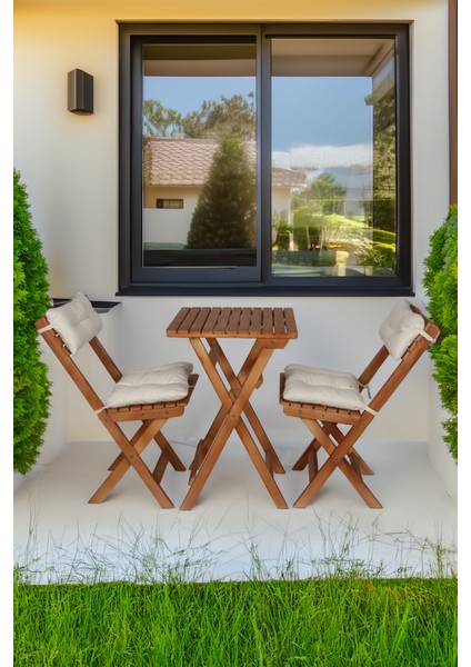 [avantajlı 2'li Paket] 4 Kişilik Katlanabilir Ahşap Balkon Bahçe Takımı – 2x 2+1 Set (Krem Minderli) fiyatları