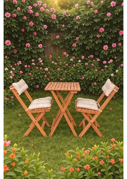 [avantajlı 2'li Paket] 4 Kişilik Katlanabilir Ahşap Balkon Bahçe Takımı – 2x 2+1 Set (Krem Minderli) modelleri