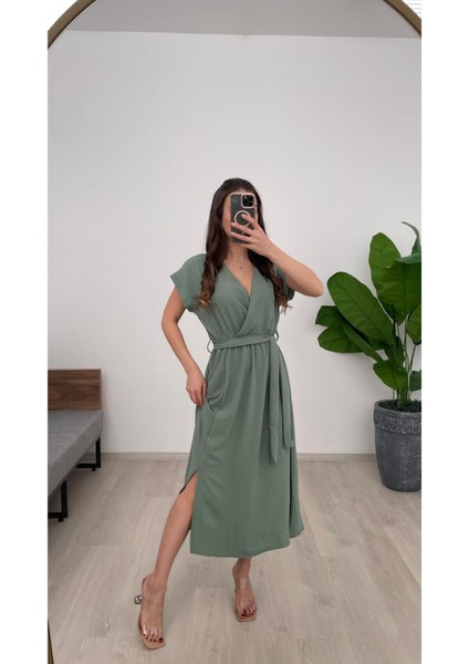 Kadın Kruvaze Kuşaklı Uzun Ayrobin Elbis