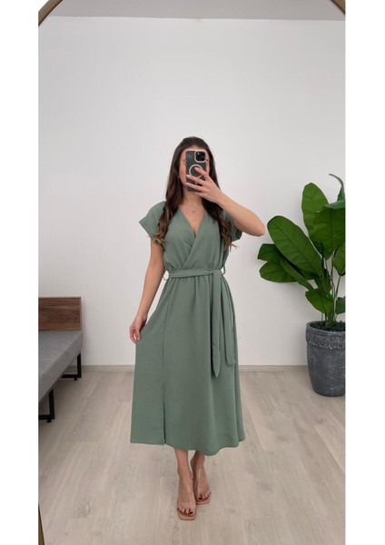 Kadın Kruvaze Kuşaklı Uzun Ayrobin Elbis fiyatları