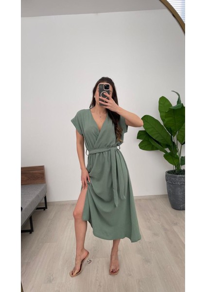 Kadın Kruvaze Kuşaklı Uzun Ayrobin Elbis modelleri