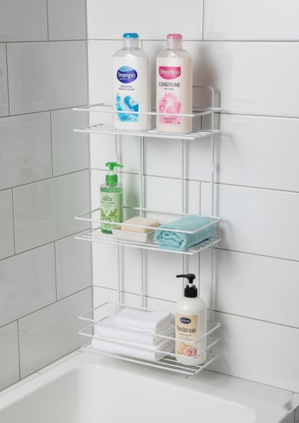3 Katlı Banyo Rafı - Termo Plastik Kaplama Metal Şampuanlık - Üç Raflı